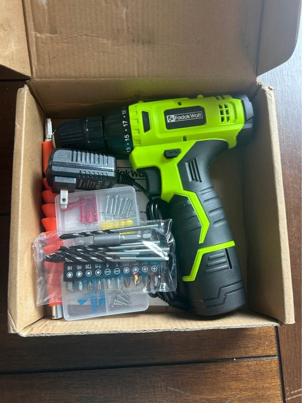 FadalWalt 12V Cordless Drill Kit DC 8212A with Charger Bits Screws Anchors Box